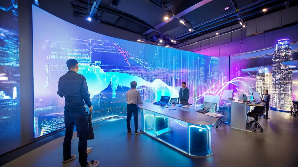 年轻的创业者们在现代化办公室中利用AI技术优化广告投放策略，背景是城市天际线。