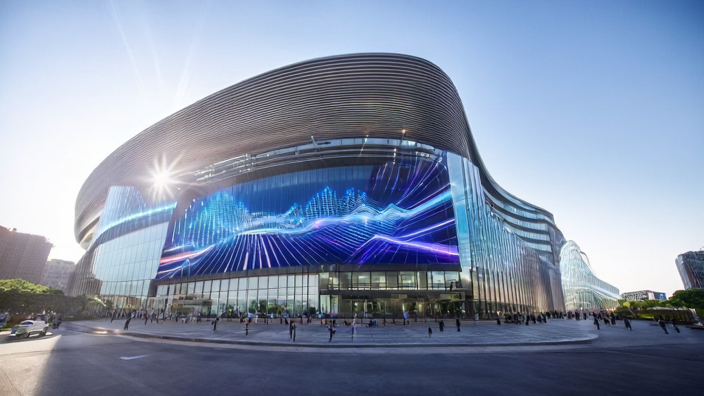 A modern office building bathed in sunlight, showcasing the AI guest acquisition system and cross-border e-commerce success stories, with Alibaba Cloud Qwen3Guard providing data security protection