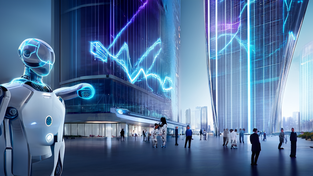 未来城市的AI智能获客系统，展示了科技与人类协作的高效工作场景，强调数据驱动的精准营销和个性化客户体验。