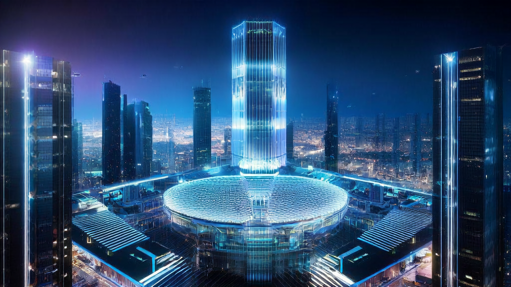 未来城市中的AI智能获客系统数据中心，展示深度学习和强化训练技术在海外市场拓展中的应用。