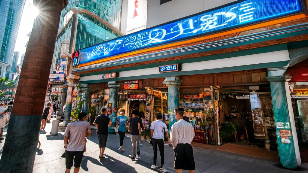 In the bustling streets of Southeast Asia, a cross-border e-commerce company uses an AI guest acquisition system to attract customers, with modern skyscrapers and traditional shops coexisting under the sunlight.