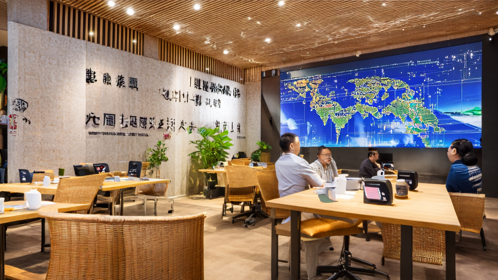 阳光照耀下的东南亚风格现代办公室，展示AI智能获客系统的实时数据分析