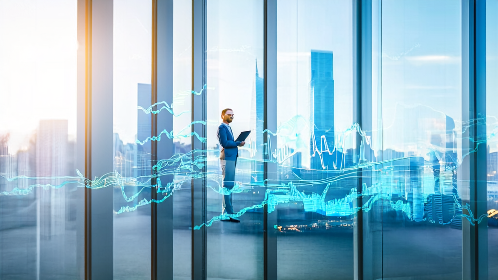 E-commerce entrepreneur analyzing customer data using AI guest acquisition system in a modern office with city skyline background