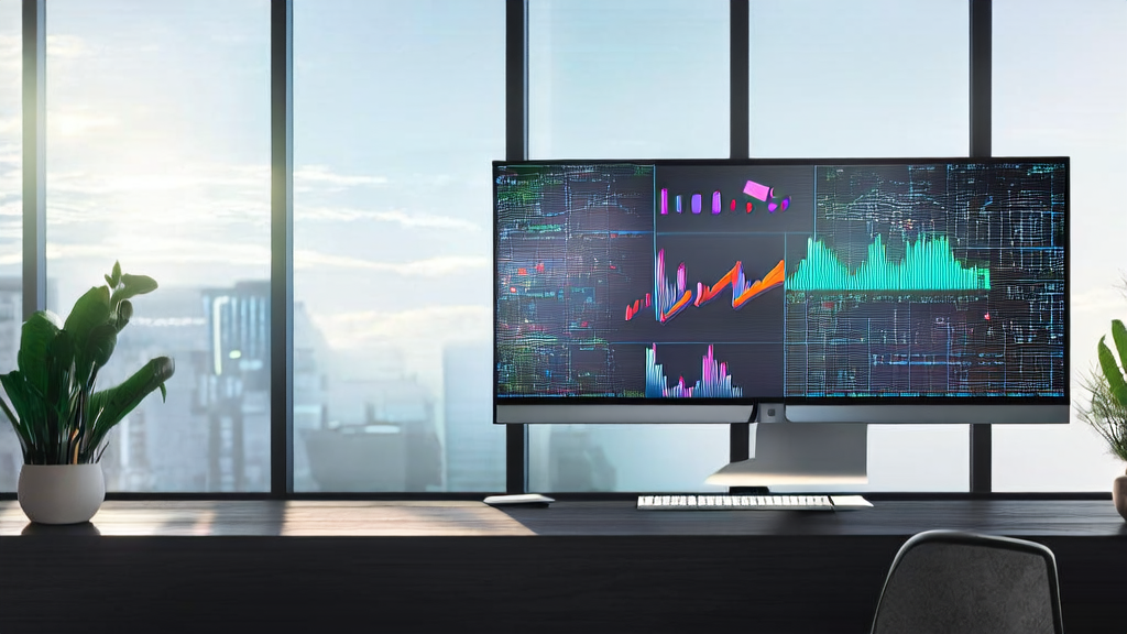 AI guest acquisition system optimizing ecommerce sales, showcasing a modern office where employees use smart computers for data analysis and customer behavior prediction.