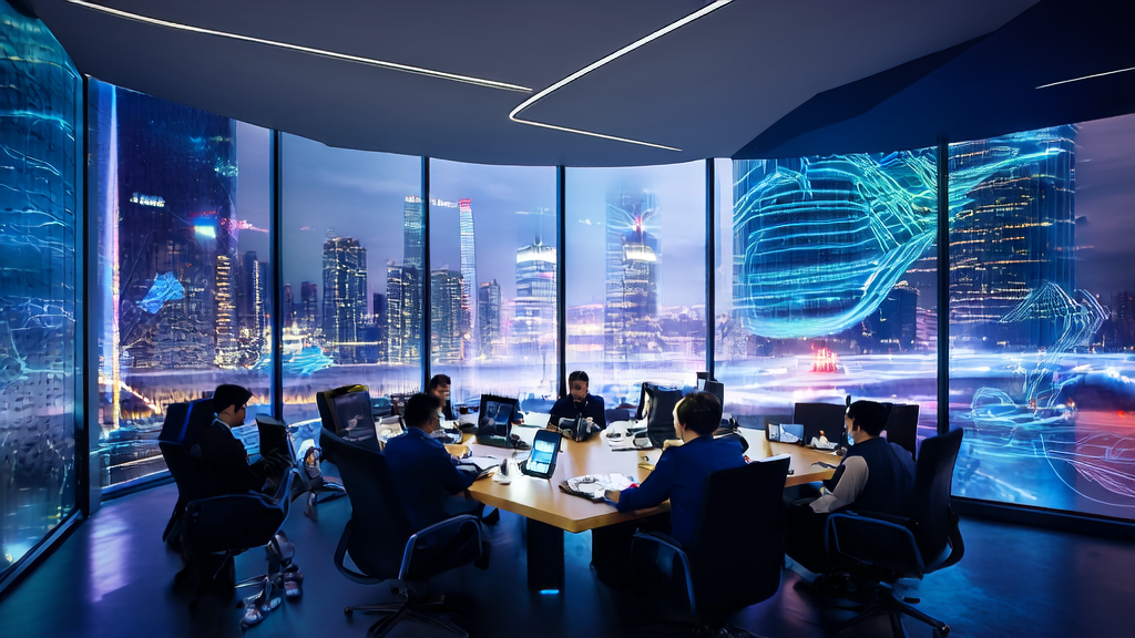 现代化写字楼中的电商团队正在探讨如何利用AI技术提升销售业绩，背景是复杂的数据分析图表和客户行为预测模型。