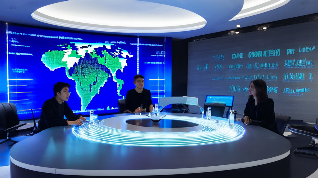 In a futuristic office, entrepreneurs use a multilingual AI email generator for global marketing, with a world map on the wall and a “Doubao Phone“ in the corner.