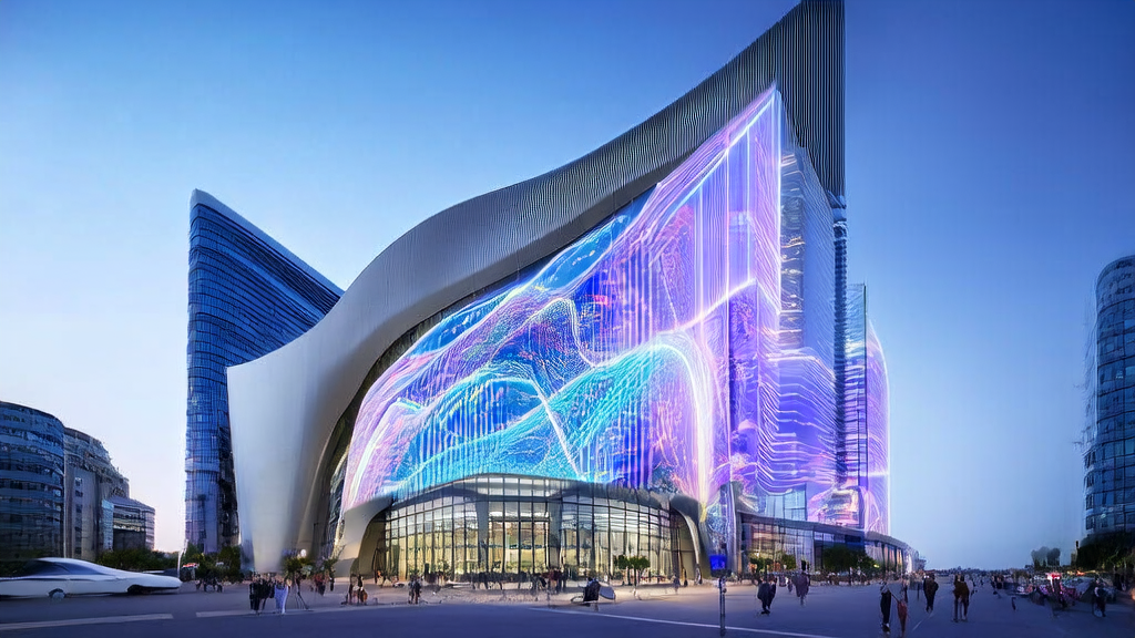 A futuristic cityscape featuring an AI technology company building showcasing precise ad targeting and efficiency, with customers completing purchases via AI chatbots.