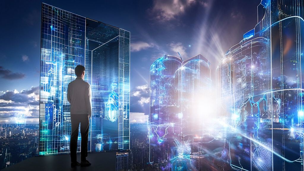 Future city scene showcasing AI-driven ad optimization and CPA cost control