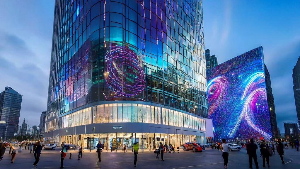 未来城市的办公大楼内，创业者们利用阿里巴巴Qwen模型进行多语言营销和声音克隆，展示AI获客新趋势。