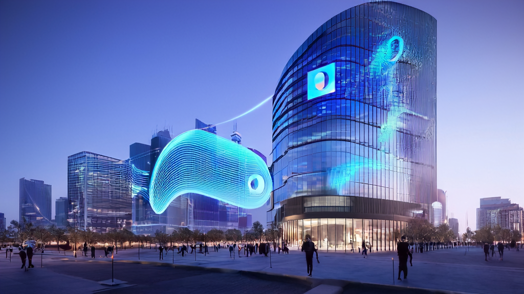 未来城市的现代化办公楼展示AI优化广告投放数据流，行人与智能设备互动