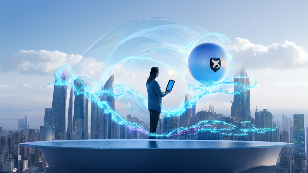 Entrepreneur on a cloud platform in a futuristic city, achieving SEO traffic surge through AI technology