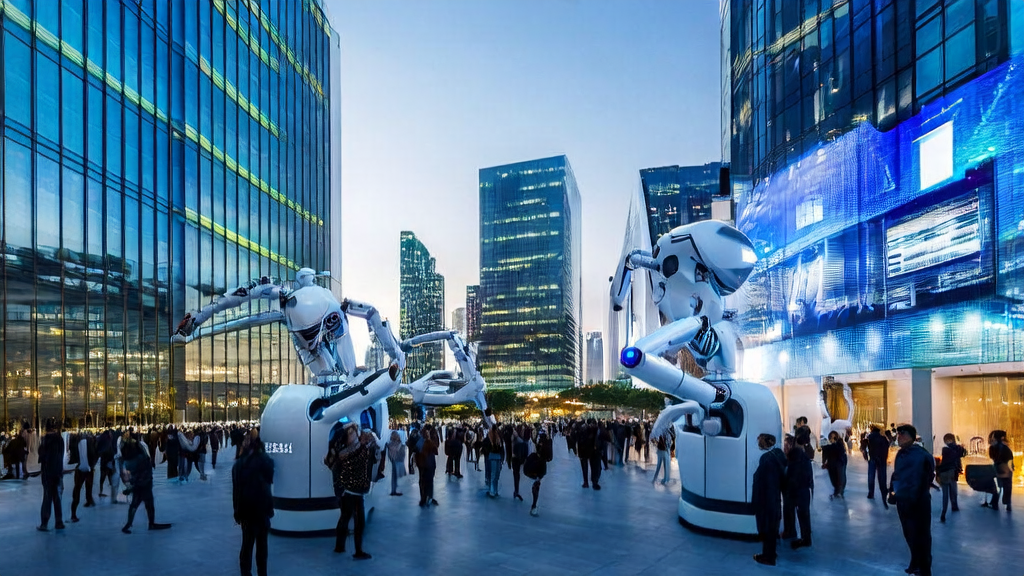 In front of a futuristic cross-border e-commerce headquarters, an AI robot demonstrates the new trends in AI customer acquisition for 2025, attracting a crowd to interact.