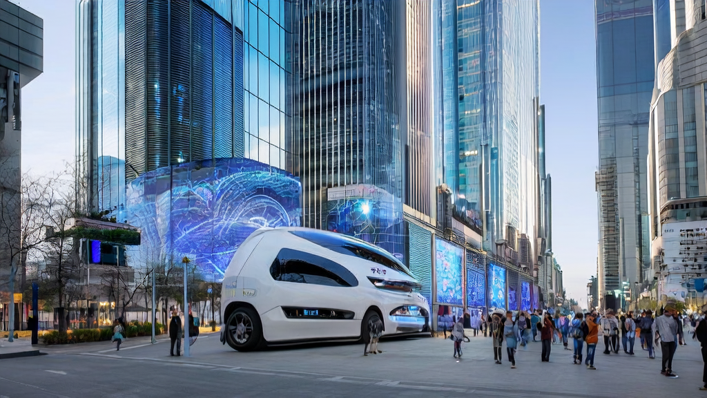 A futuristic city scene showcasing AI-optimized advertising, highlighting how AI technology attracts target audiences.