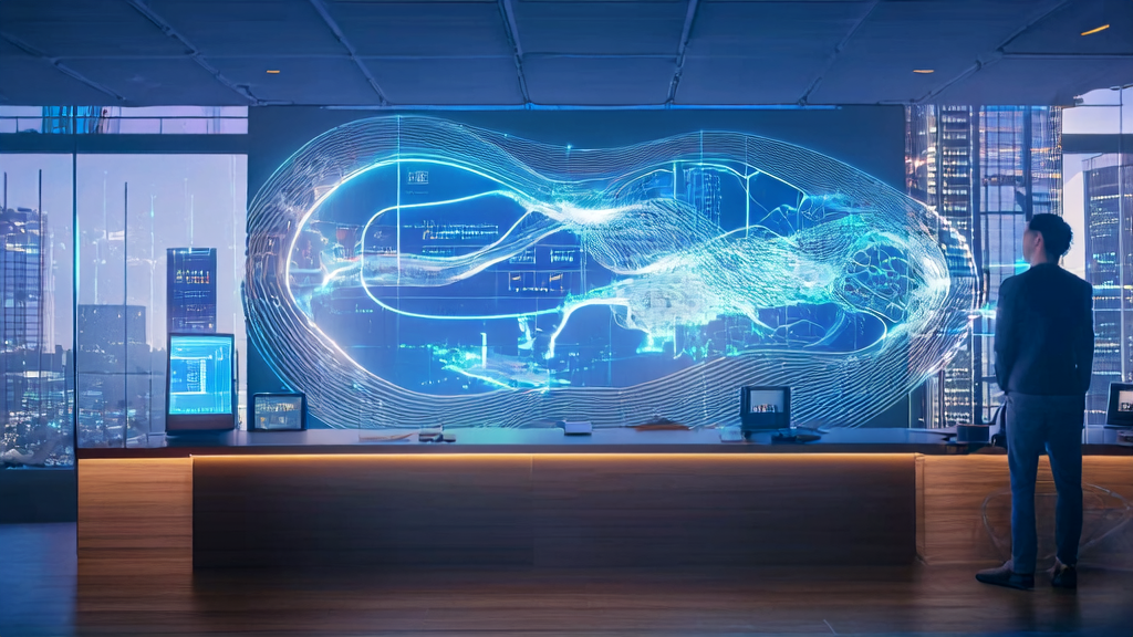 年轻创业者在充满科技感的办公室中利用AI进行超个性化邮件营销