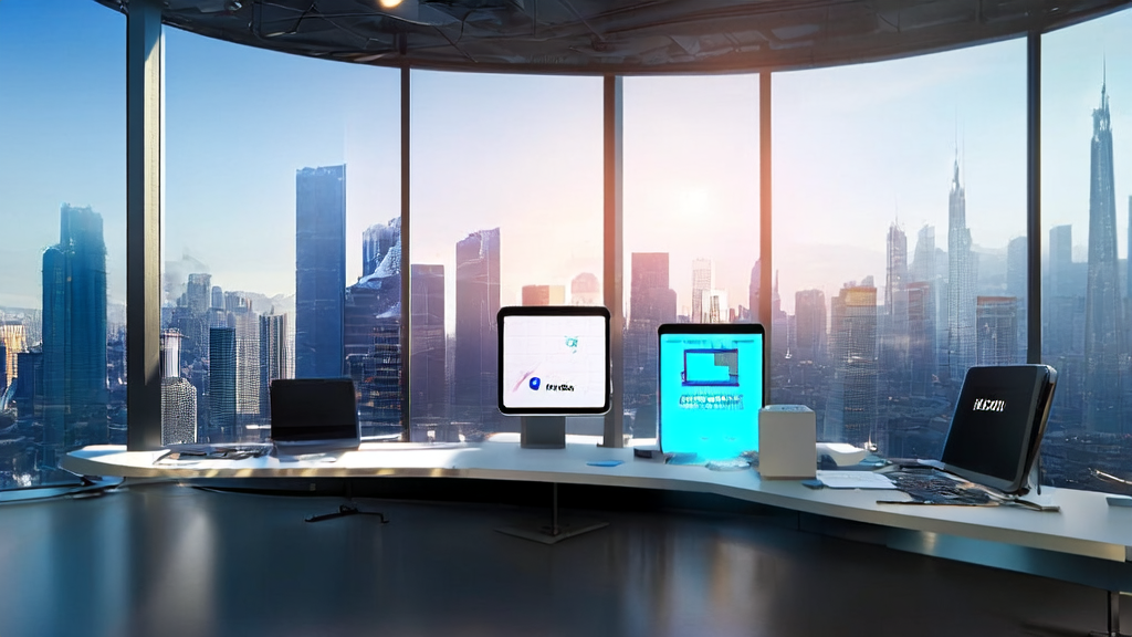 A futuristic office with an AI email automation tool interface on the screen, city skyline outside the large windows, and a Seedance 1.0 pro mini robot on the desk along with unopened letters.