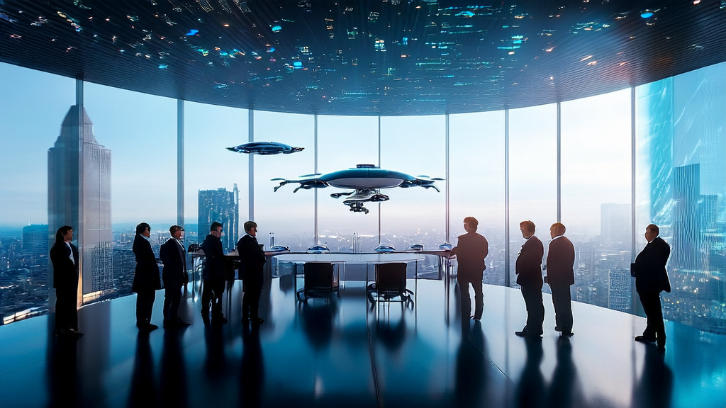 In a high-tech meeting room of a futuristic city, corporate executives are discussing AI-driven acquisition strategies on LinkedIn