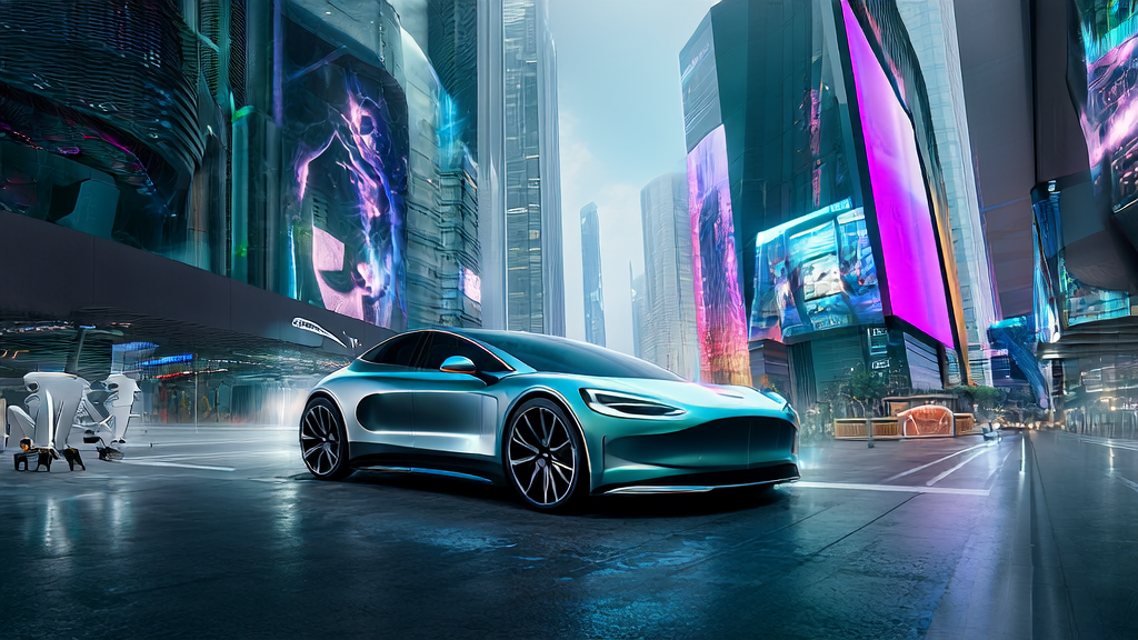 A futuristic city scene featuring Tesla's Cybercab and Optimus robot showcasing AI technology applications in cross-border e-commerce