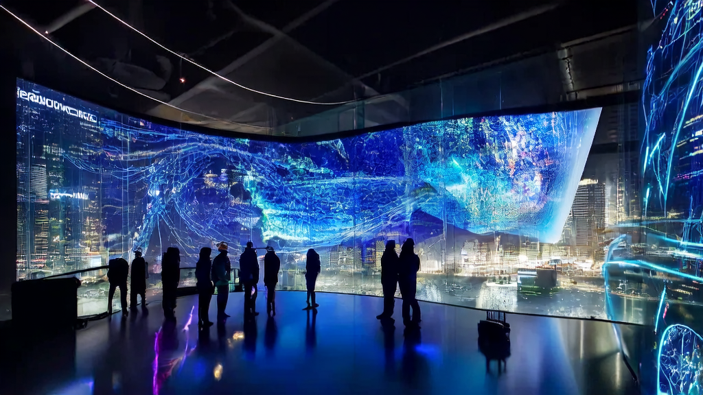 Employees in a futuristic cross-border e-commerce office using AI tools for customer acquisition and data analysis, with an Adobe acquiring Semrush billboard in the background.