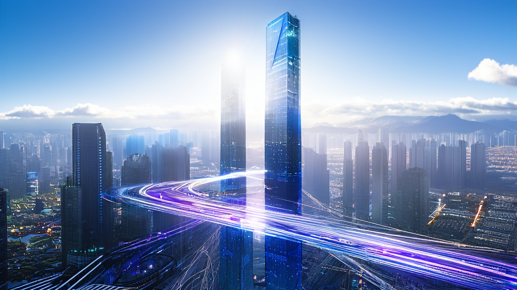 未来城市中的AI智能控制塔和跨境电商企业办公室，展示AI技术如何帮助企业实现高效低成本获客。