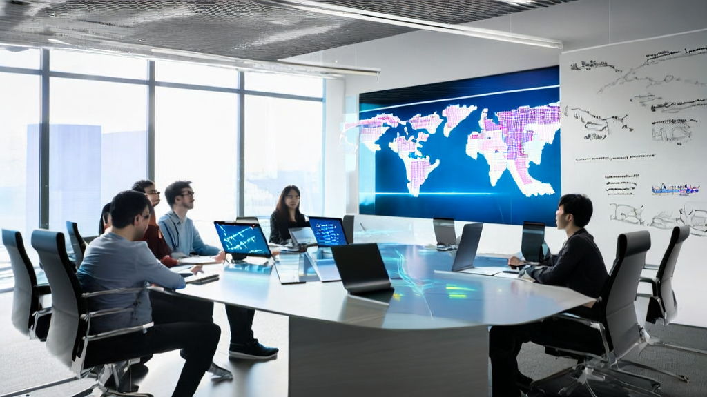 A team of young professionals discussing AI marketing strategies in a smart office with a global focus on emerging markets