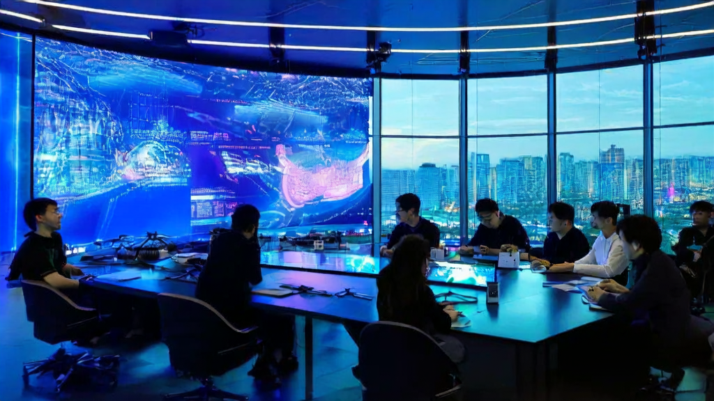 Entrepreneurs in a futuristic tech city discussing AI-driven customer acquisition solutions to break through cross-border commerce growth bottlenecks.