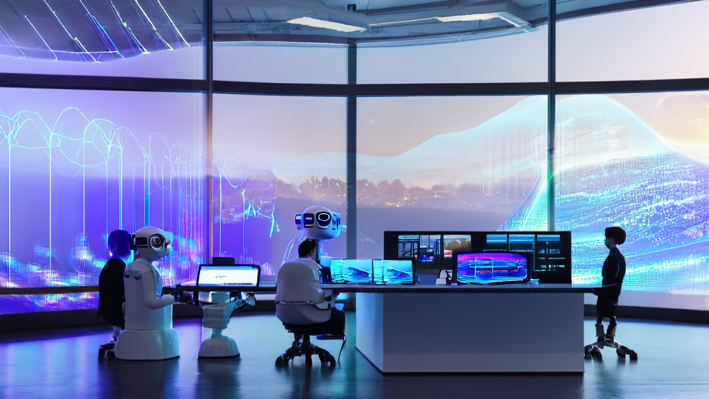 A futuristic office showcasing AI-driven customer acquisition system and personalized email marketing tools to boost eCommerce sales