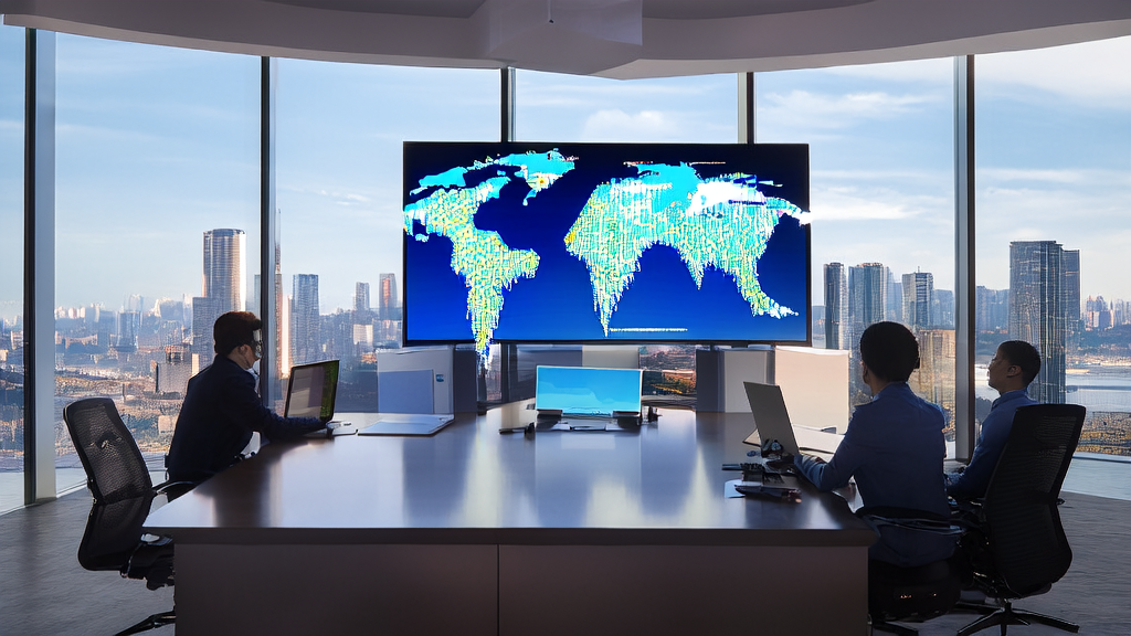 现代化外贸公司办公室内，业务员使用AI智能获客系统和豆包翻译模型与全球客户实时交流。