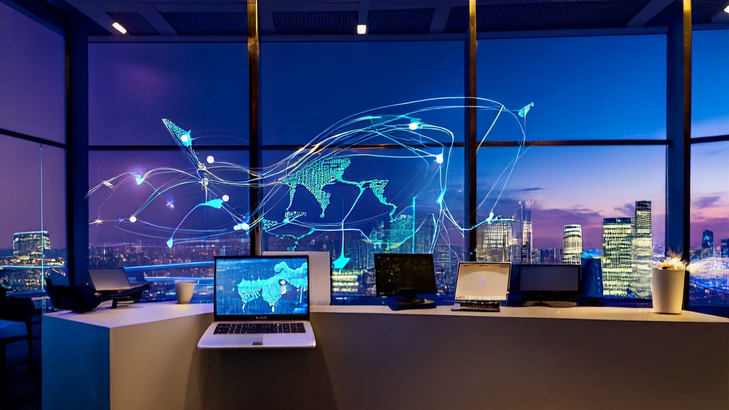 Employees in a modern office are discussing the AI guesting system, with customer behavior analysis data displayed on the screen.