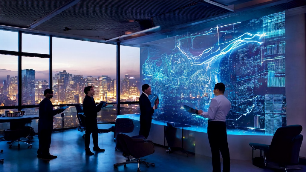 未来感办公室中的员工正在使用AI智能获客系统分析全球市场数据,背景为城市天际线和埃森哲转型新闻海报。