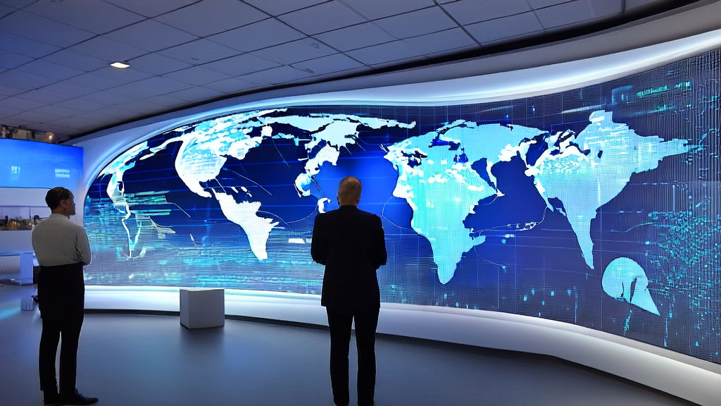 Modern export trade office where staff are using AI guesting systems, with a background displaying global potential client distribution and AMD-OpenAI collaboration progress