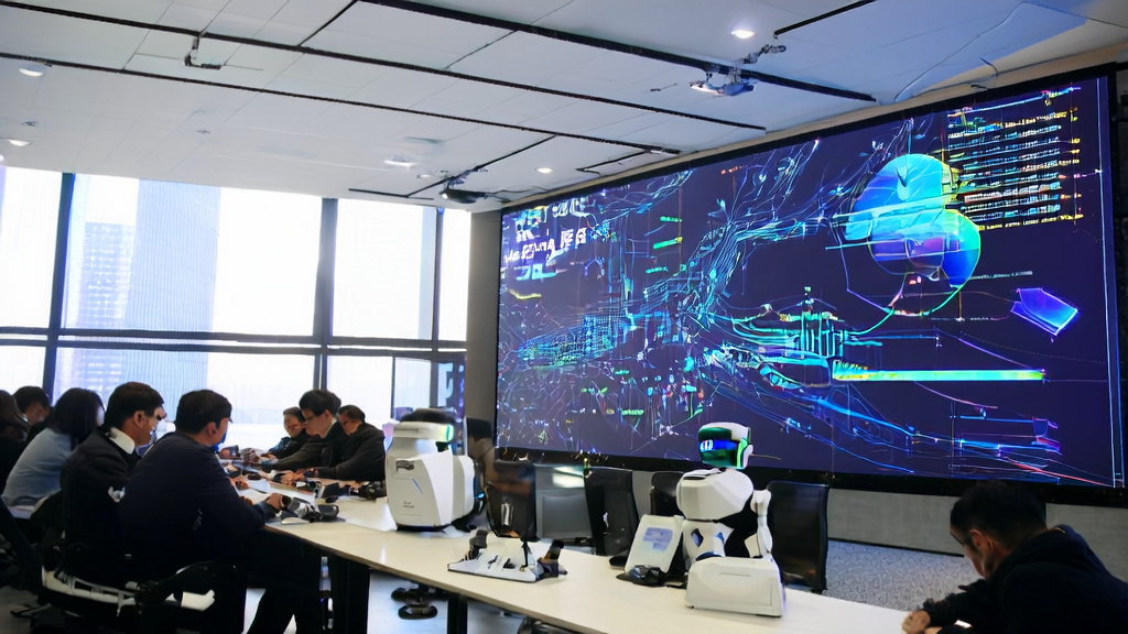 阳光照耀下的现代化办公室，屏幕上显示着AI模型和数据分析图表，背景墙上有“腾讯混元”标志，桌上放着未拆的邮件，旁边有一个机器人助手。