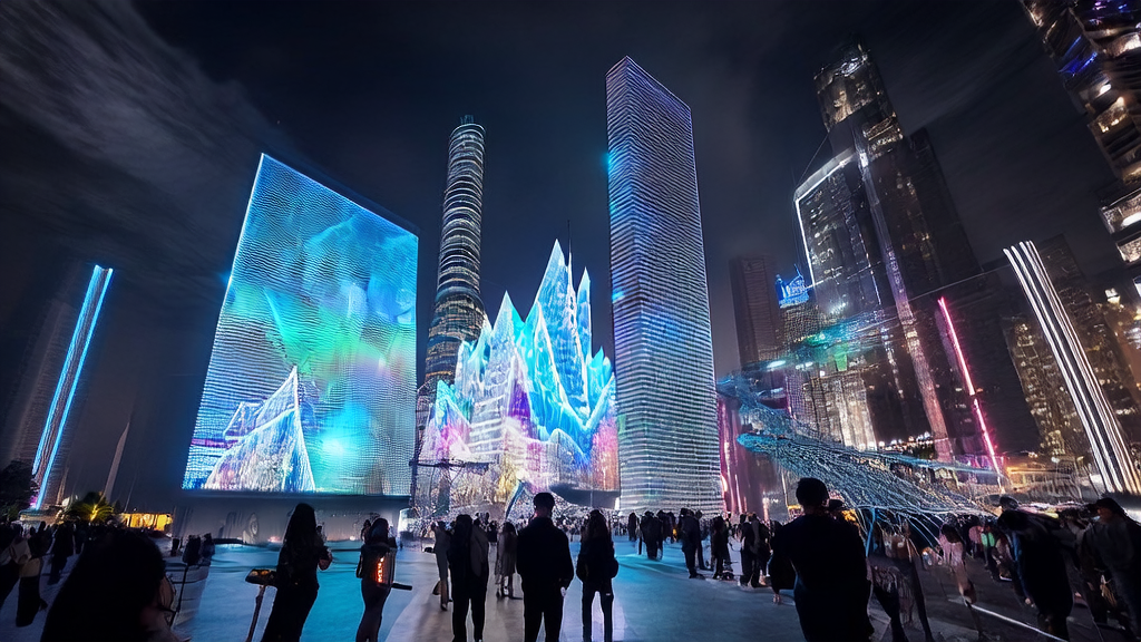 AI image generation in a futuristic city, attracting passersby to stop and watch