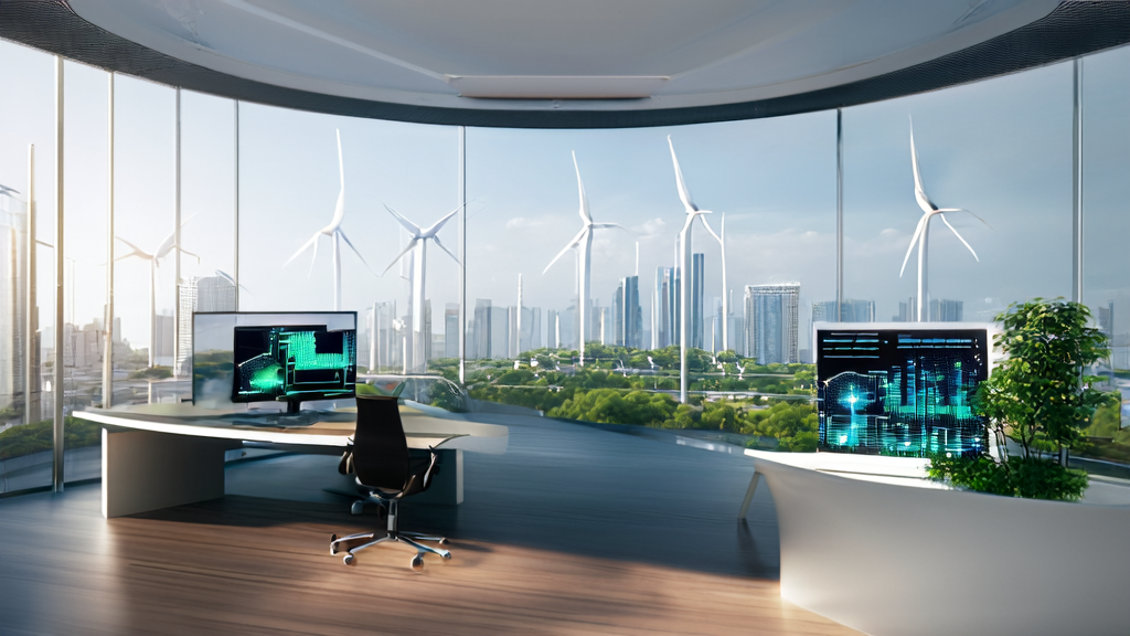 High-tech independent site office in a futuristic city showcasing AI and renewable energy export strategies with automated customer data cleaning