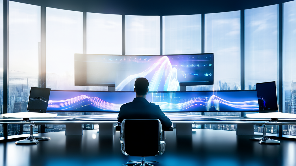 年轻创业者在现代化办公室中利用AI技术分析数据,背景显示维基百科流量下降的数据图表