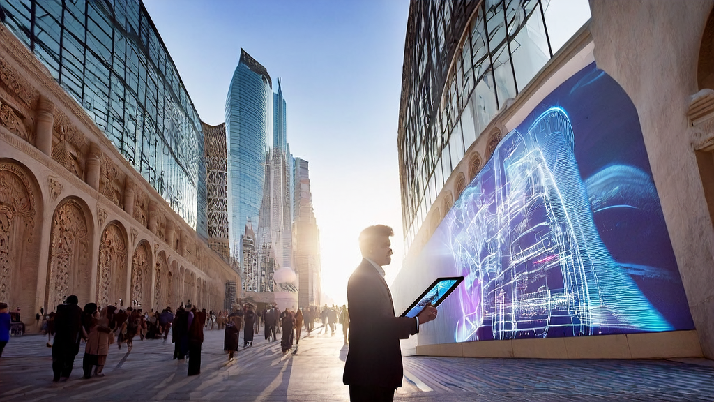 A young entrepreneur using AI technology for high-efficiency customer acquisition in front of a modern office building in the Middle East city