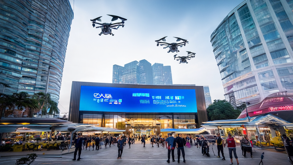 In front of a tech company building in Southeast Asia, entrepreneurs discuss new opportunities brought by GPT-5, with drones delivering emails and multilingual vendors in the background.