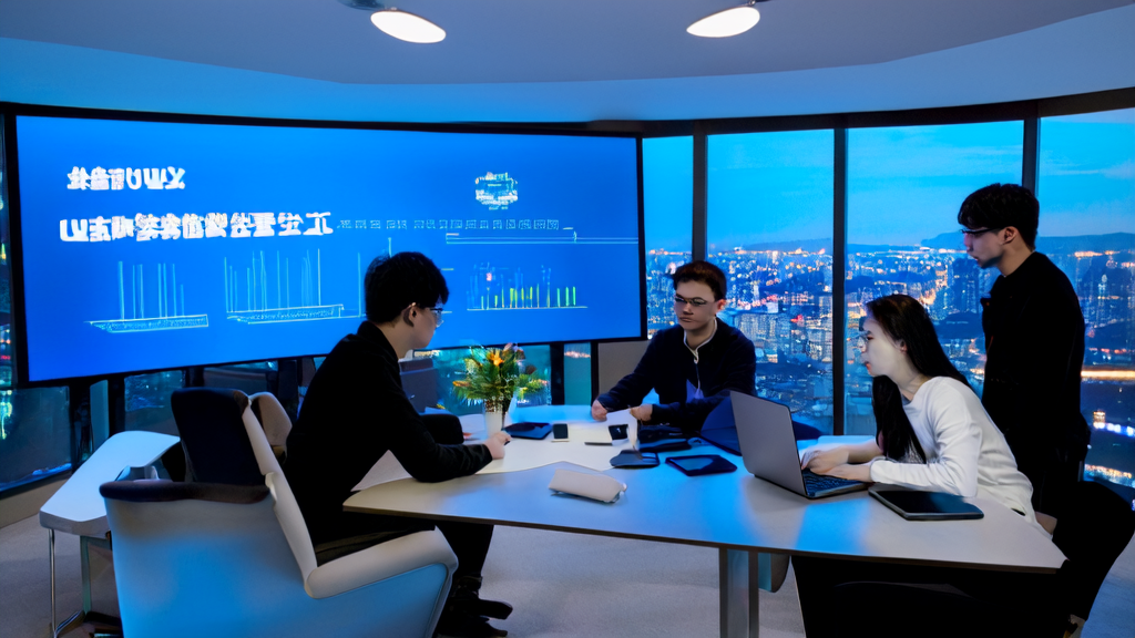 In a modern office, entrepreneurs gather around a smart display to discuss AI-powered customer acquisition strategies, with the city night view in the background.