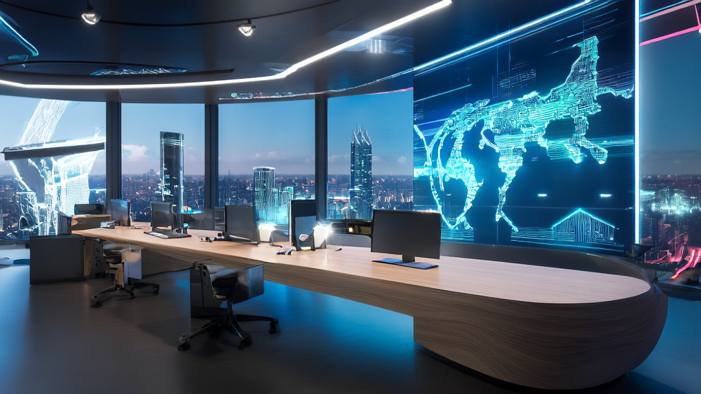 Showcasing the application of AI intelligent acquisition system in cross-border commerce, set in a modern office environment