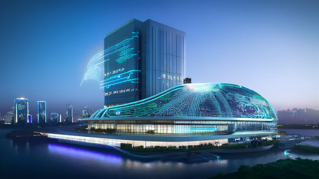 未来城市的高科技企业大楼，展示AI智能获客系统和新能源技术的应用