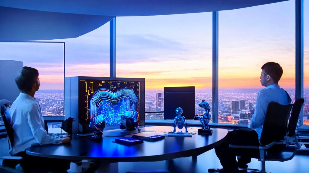 In a modern office, AI intelligent acquisition system and engineers are optimizing algorithms, with the city skyline at sunset in the background