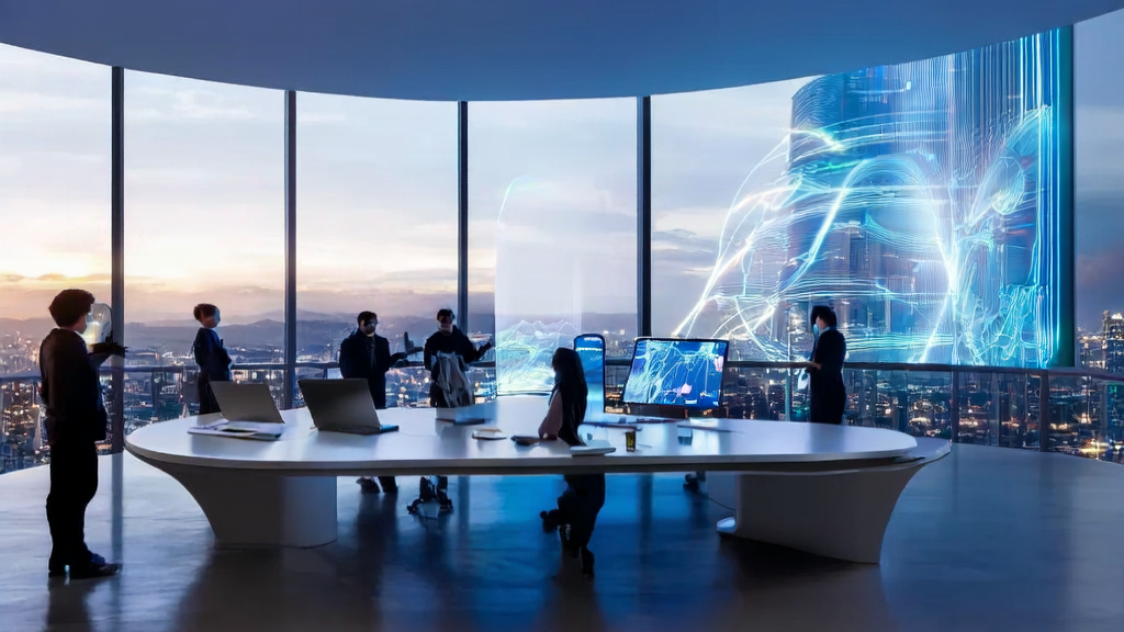 在阳光照射下的现代化办公室中，员工们正在讨论AI智能获客系统和个性化邮件营销策略。