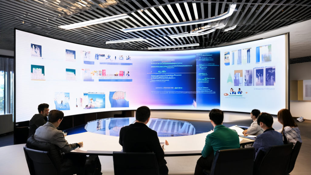 Employees in a modern office using Lovart AI for intelligent customer screening and marketing design