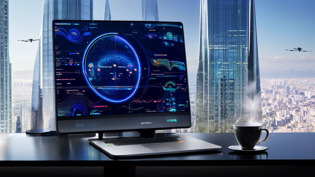 未来城市的跨境电商公司办公室内，员工通过微软365 Premium和AI智能获客系统处理全球客户数据