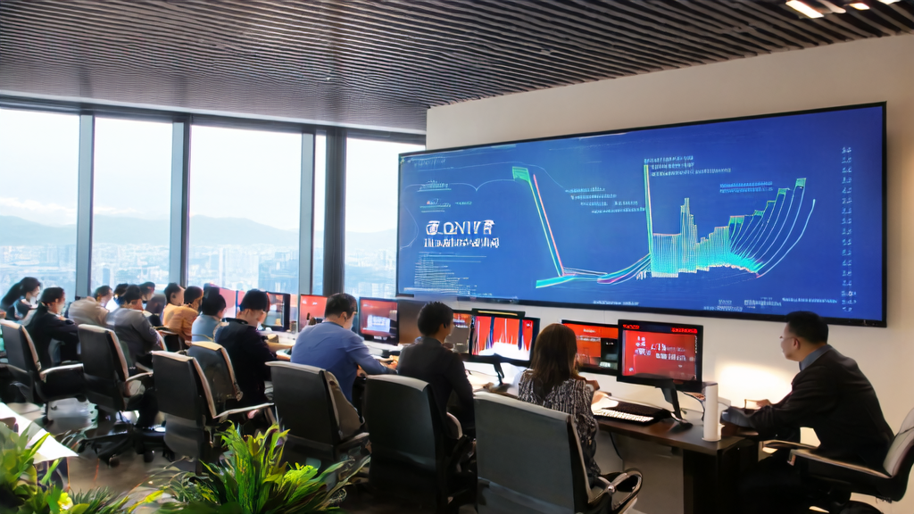 现代化办公室内员工使用AI智能获客系统提升业绩，展示金山办公半年报数据