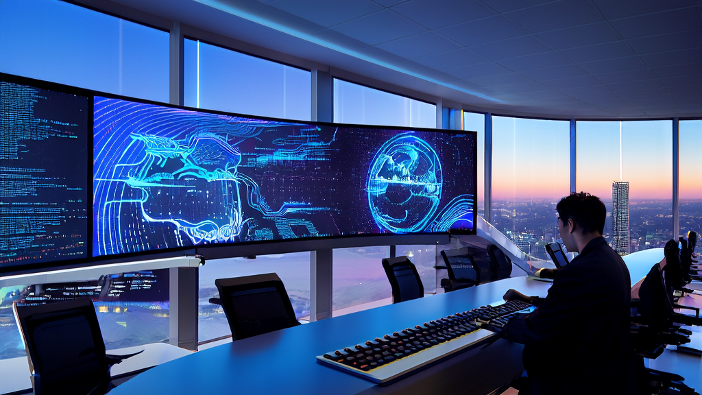 In a modern office, an engineer uses an AI intelligent acquisition system to analyze customer data in real-time, with a cityscape in the background