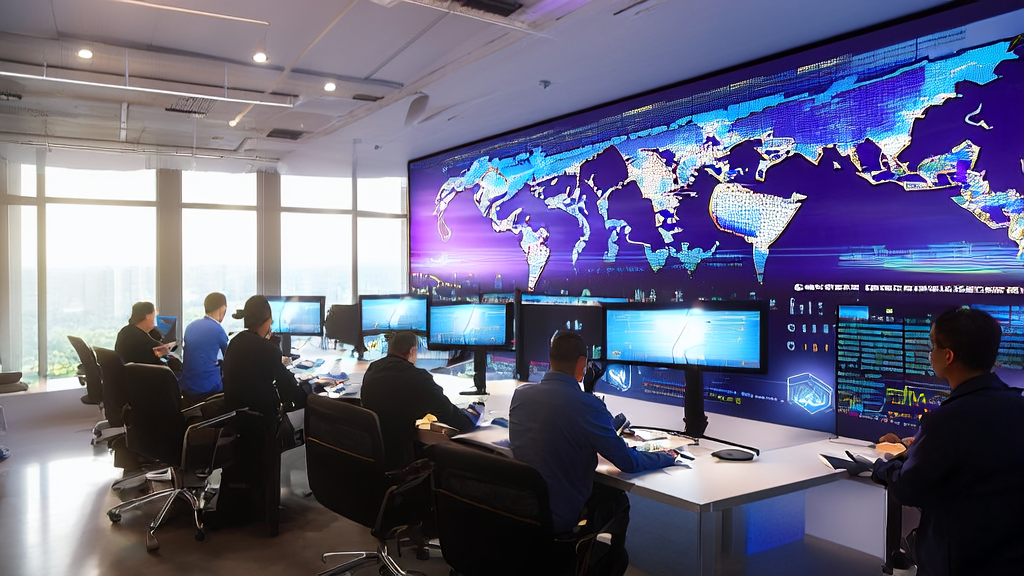 AI intelligent acquisition system enhances overseas marketing, showcasing technological applications and data analysis in a modern office