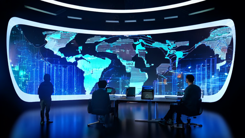 AI-powered customer acquisition system in cross-border e-commerce, showcasing engineers optimizing customer data and monitoring global market dynamics using advanced algorithms.