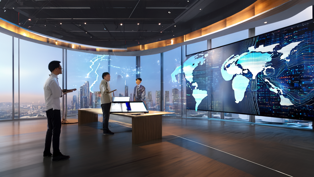 一名创业者在充满未来感的办公室中使用AI智能获客系统优化跨境电商销售策略