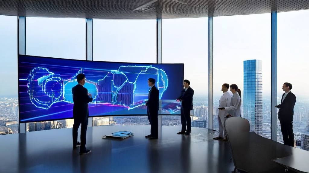 Employees of an export trade company are using the AI intelligent acquisition system for market analysis in a modern office, leveraging the Tongyi APP knowledge base to optimize customer acquisition strategies.