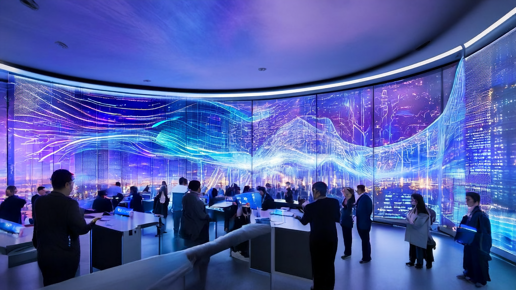 未来城市中使用AI智能获客系统的现代化办公楼内部场景